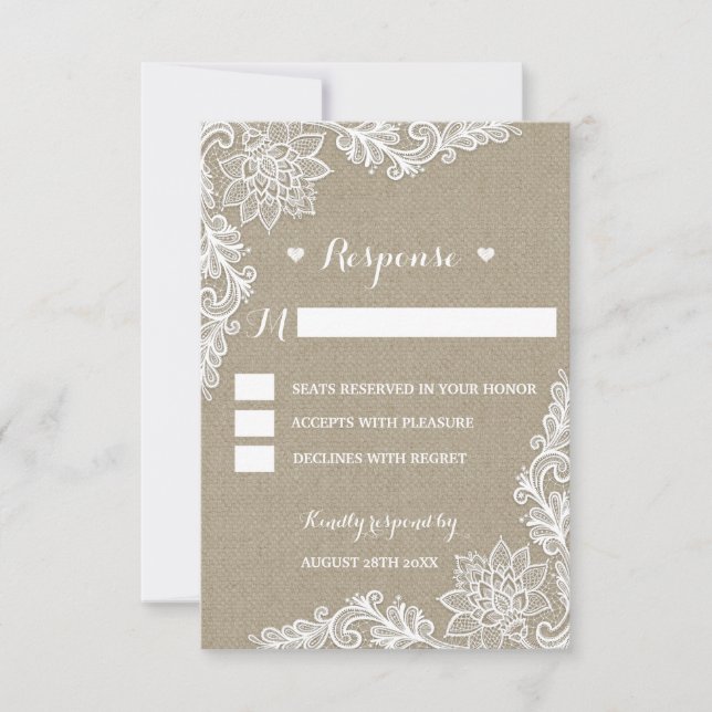 Burlap and Floral Lace Wedding Rustic RSVP Cards (Front)