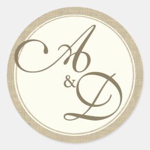 Burlap and Ivory Monogram Classic Round Sticker