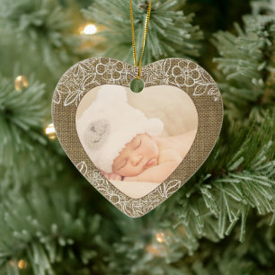 Burlap and Lace Baby First Christmas Ceramic Ornament