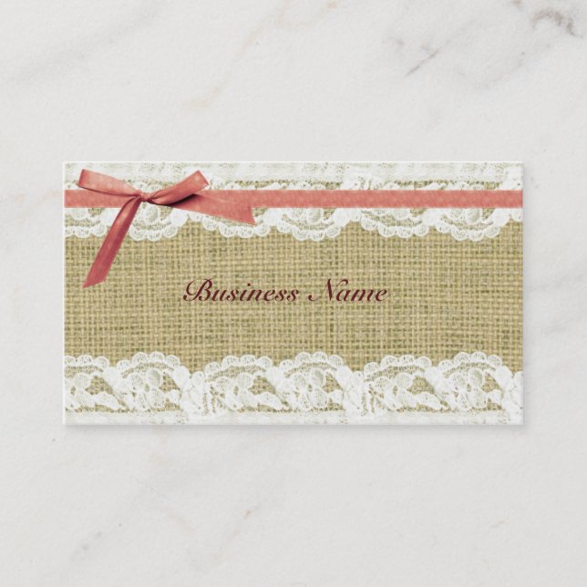Burlap and Lace Beige Pink Bow shabby chic Business Card (Front)