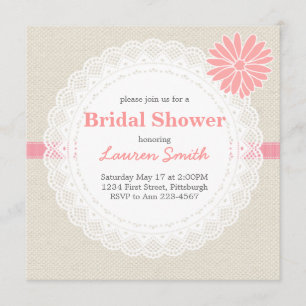 Burlap and Lace Bridal Shower Invite Coral Pink