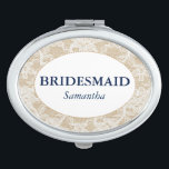 Burlap and Lace Bridesmaid Personalized Mirror For Makeup<br><div class="desc">This oval compact mirror features a background of burlap with a white lace overlay. The centre of the compact is white and features navy blue customizable text for the name of the bridesmaid.</div>