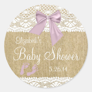Burlap and Lace Lavender Baby Shower Classic Round Sticker