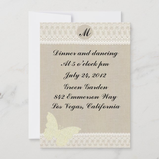 Burlap And Lace Monogram Reception Card (Front)