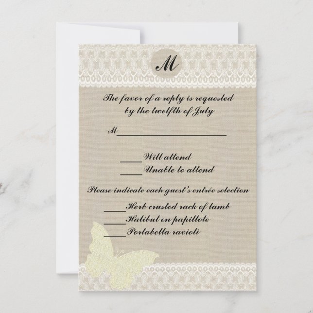 Burlap And Lace Monogram Response Card (Front)