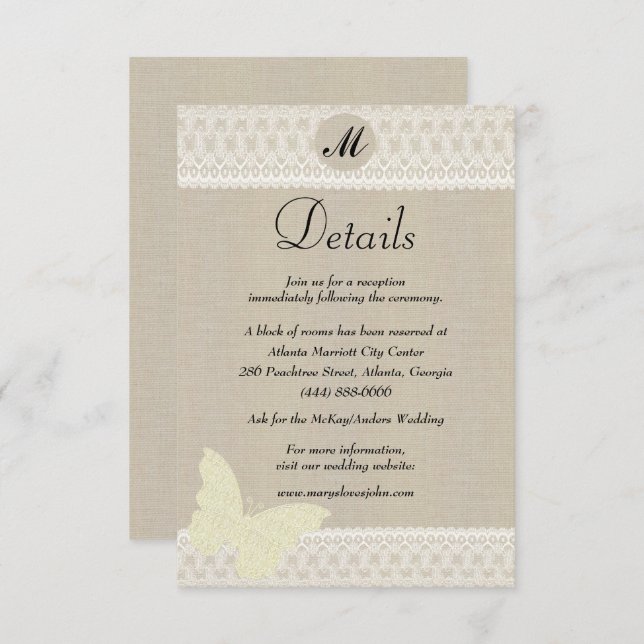 Burlap And Lace Monogram Wedding Details Enclosure Card (Front/Back)