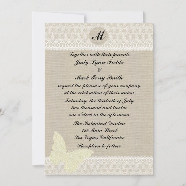 Burlap And Lace Monogram Wedding Invitation (Front)