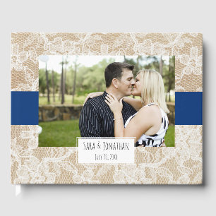 Burlap and Lace Navy Blue Photo Wedding Guest Book