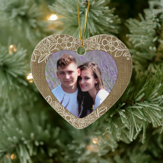 Burlap and Lace Newlywed First Christmas Ceramic Ornament (Tree)