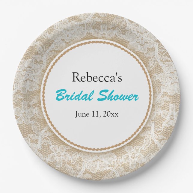 Burlap and Lace Personalized Bridal Shower Paper Plate (Front)