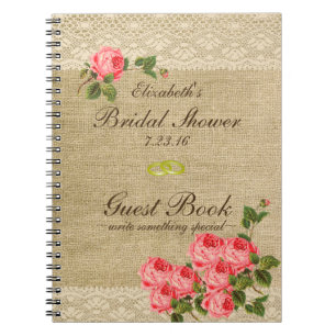 Burlap and Lace Print- Bridal Shower Guest Book- Notebook