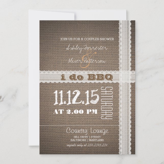 Burlap and Lace Rustic Country I Do BBQ Invitation (Front)