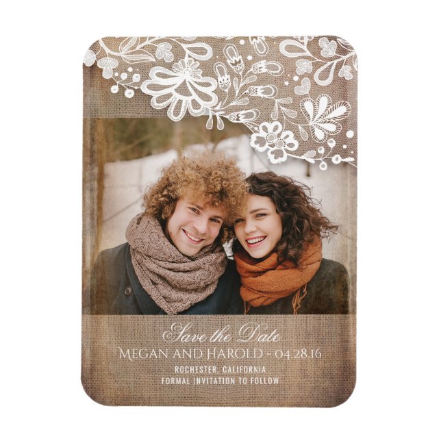 Burlap and Lace Rustic Photo Save the Date Magnet (Vertical)