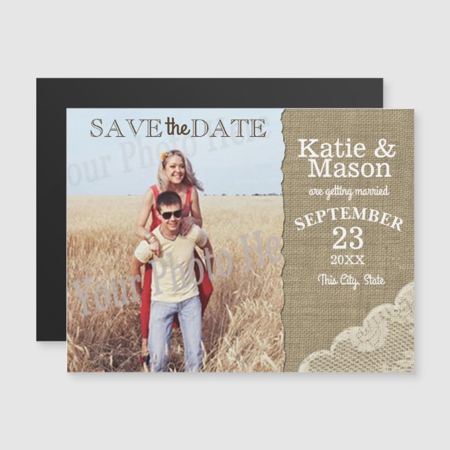 Burlap and Lace Rustic Photo Save the Date Magnetic Invitation (Front/Back)
