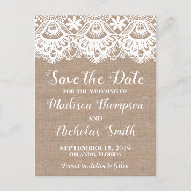 Burlap and Lace Save the Date Postcards, Rustic Postcard (Front)