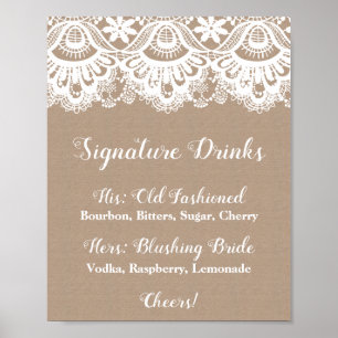 Burlap and Lace Signature Drinks Sign, Rustic Poster