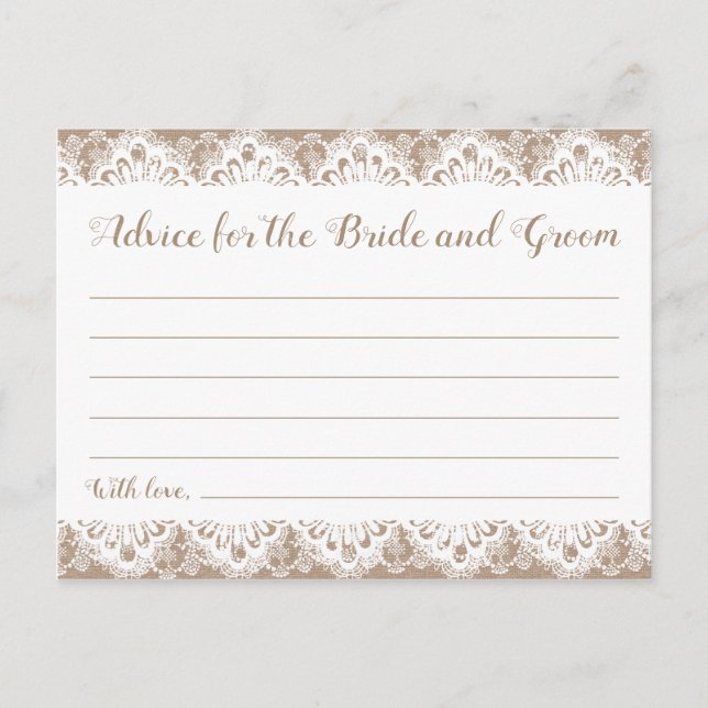 Burlap and Lace Wedding Advice Cards, Rustic Postcard (Front)