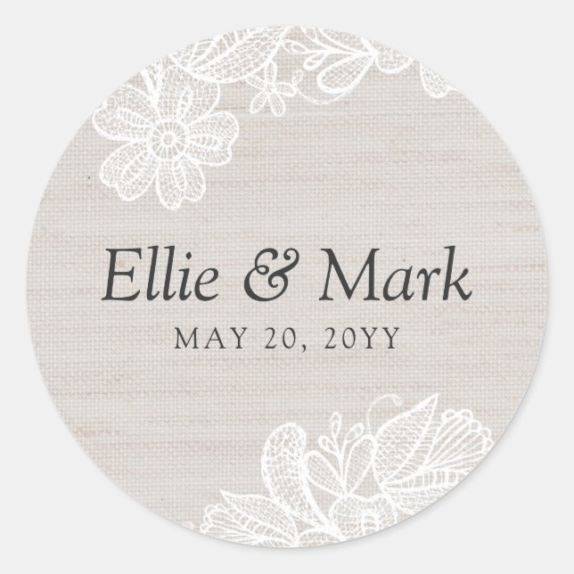 Burlap and Lace Wedding Classic Round Sticker (Front)