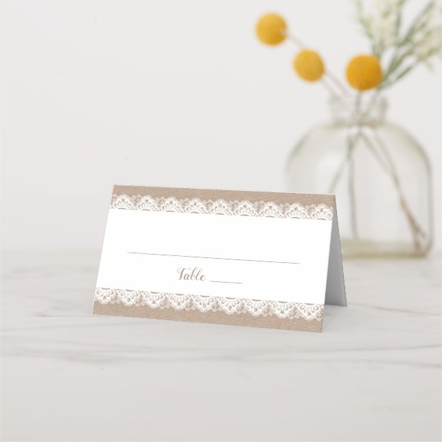 Burlap and Lace Wedding Folded Place Cards, Rustic Place Card (Front)