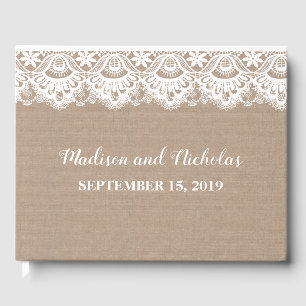Burlap and Lace Wedding Guest Book, Rustic Book