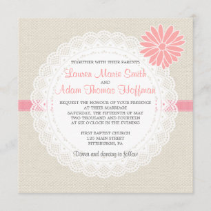 Burlap and Lace Wedding Invitation Coral Pink