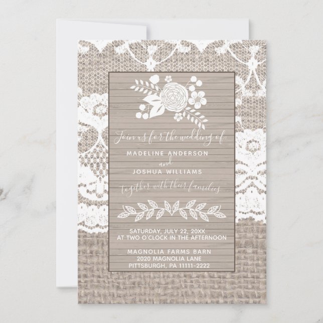 Burlap And Lace Wedding Invitation, Rustic Wedding Invitation (Front)