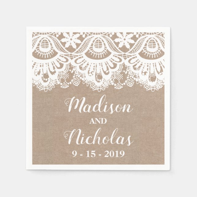 Burlap and Lace Wedding Napkins, Rustic Napkin (Front)