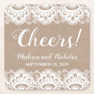 Burlap and Lace Wedding Paper Coasters, Rustic Square Paper Coaster