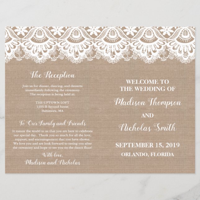 Burlap and Lace Wedding Program Booklets, Rustic (Front)
