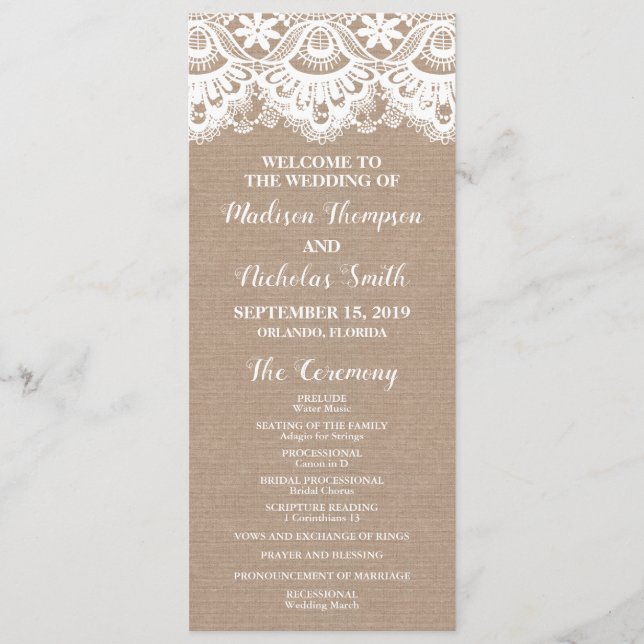 Burlap and Lace Wedding Program Cards, Rustic (Front)