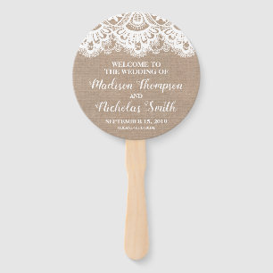 Burlap and Lace Wedding Program Circle Fan, Rustic Hand Fan