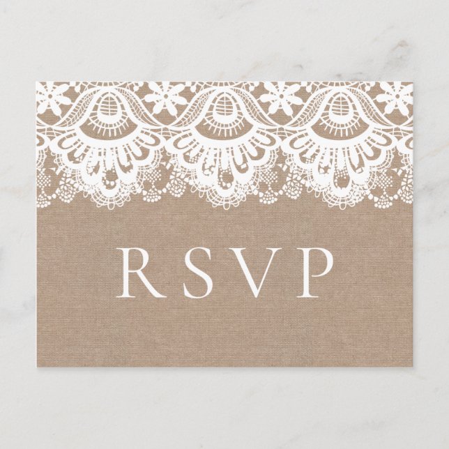 Burlap and Lace Wedding RSVP Postcards, Rustic Postcard (Front)