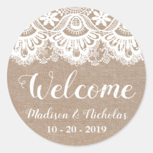 Burlap and Lace Wedding Welcome Stickers, Rustic Classic Round Sticker