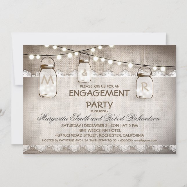 burlap and mason jars engagement party invitations (Front)