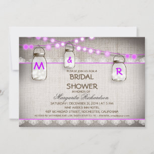 burlap and mason jars purple bridal shower invitation