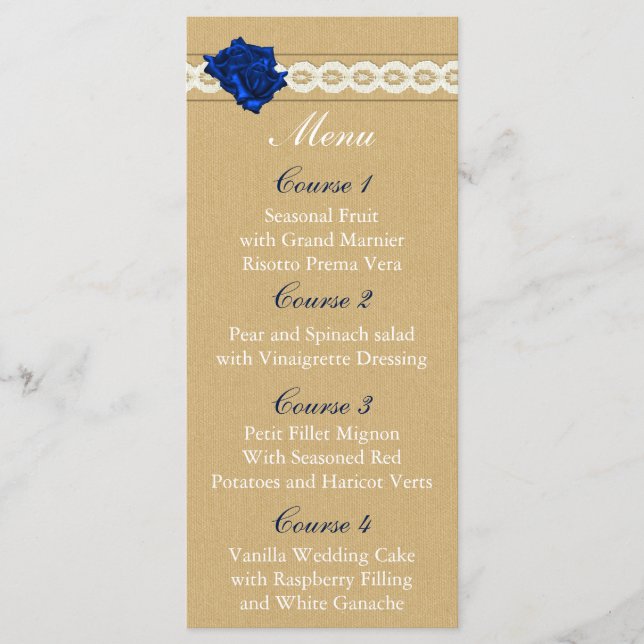 burlap and navy blue rose mason jar wedding menu (Front)