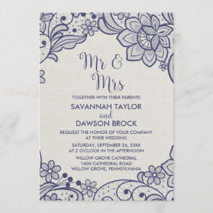 Burlap and Navy Lace   Floral Mr and Mrs Wedding Invitation