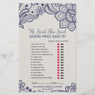Burlap and Navy Lace "He Said She Said" Game