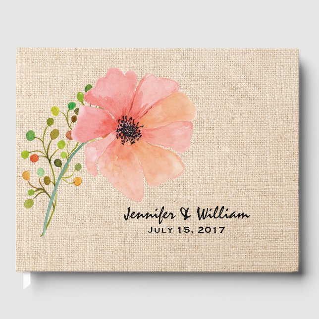 Burlap and Poppy Wedding Guest Book (Front)
