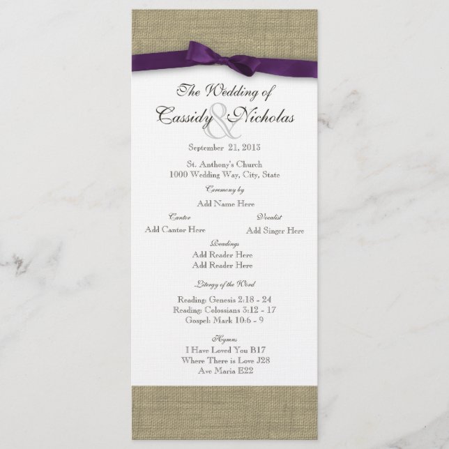 Burlap and Purple Bow Wedding Program (Front)