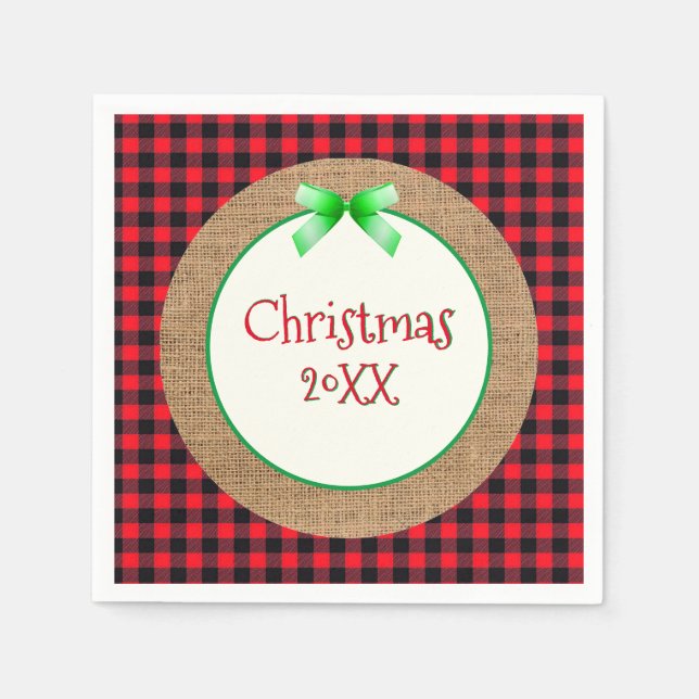 Burlap and Red Buffalo Plaid Dated Christmas Napkin (Front)