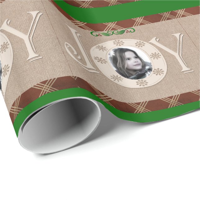 Burlap and Red Plaid Joy Christmas Wrapping Paper (Roll Corner)