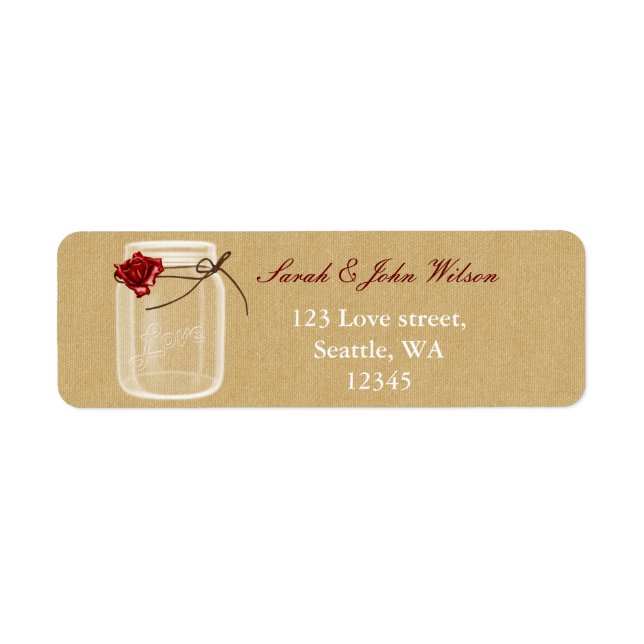 burlap and red rose mason jar return address label (Front)