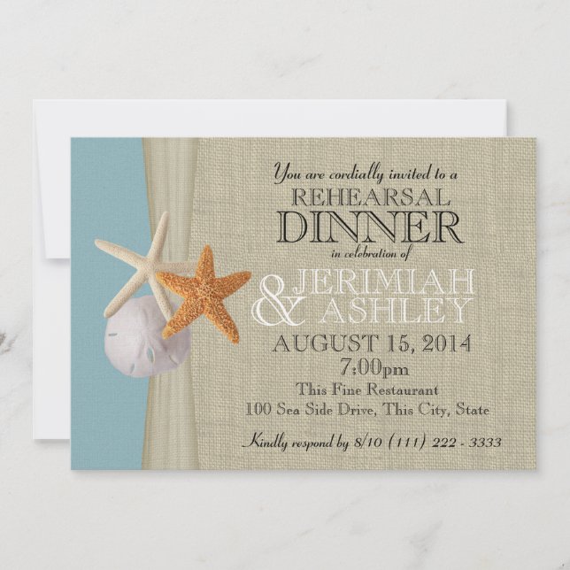 Burlap and Starfish Rehearsal Dinner Invitation (Front)