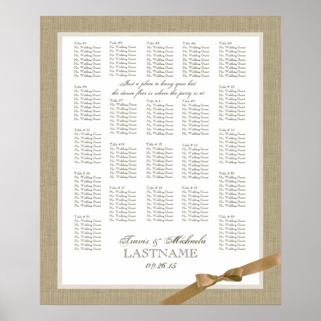 Burlap and Tan Bow Wedding Seating Chart (Front)