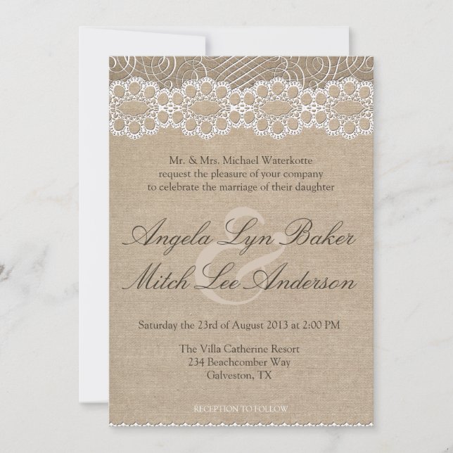 Burlap and Vintage Lace Shabby Chic Wedding Invite (Front)