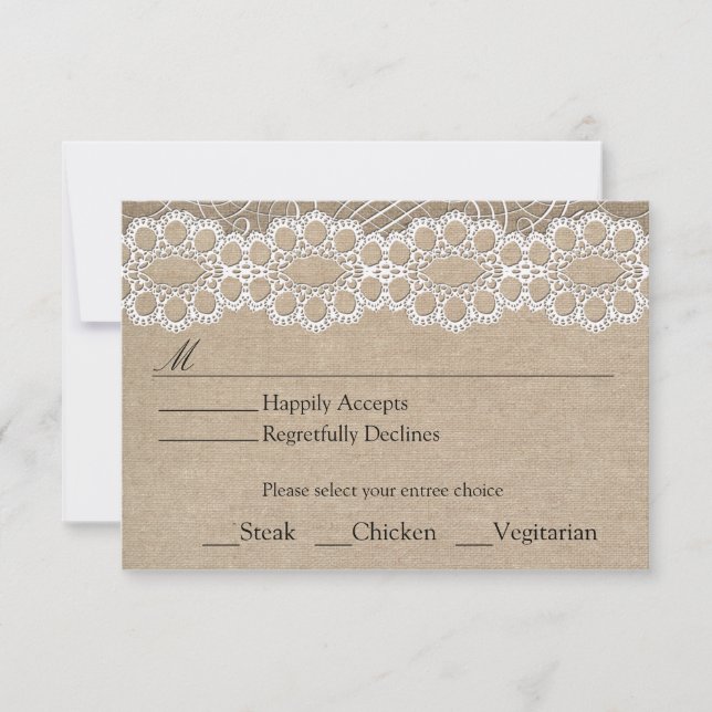 Burlap and Vintage Lace Shabby Chic Wedding RSVP (Front)