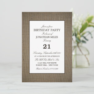 Burlap and Wood, Rustic Birthday Invitation