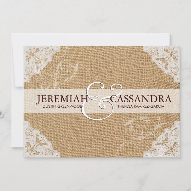 Burlap Antique White Lace Wedding Invitation (Front)