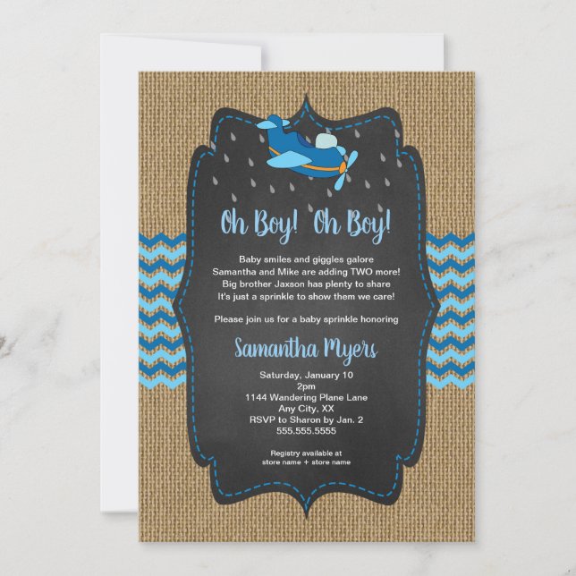Burlap Avions Twin Boys bébé sprinkl invitation (Devant)
